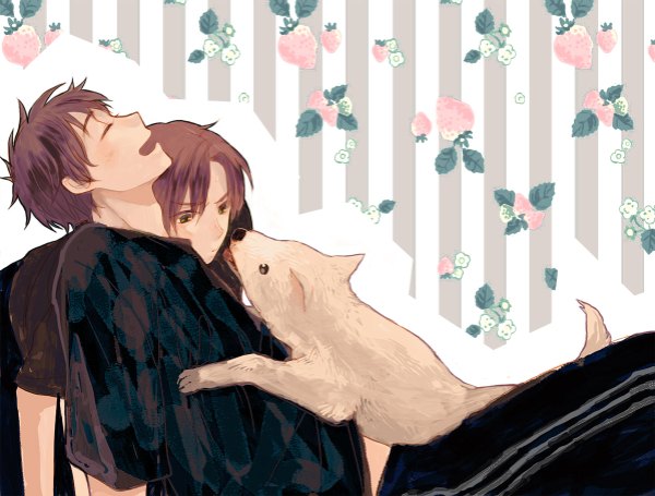 Anime picture 1198x910 with axis powers hetalia studio deen spain (hetalia) south italy (hetalia) ueda (atsu) short hair open mouth brown hair green eyes eyes closed striped background boy food tongue berry (berries) dog strawberry