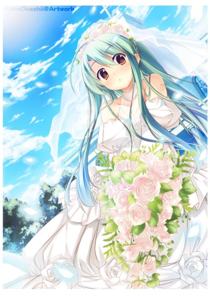 Anime picture 900x1273 with vocaloid hatsune miku kaho okashii single long hair tall image looking at viewer blush bare shoulders yellow eyes sky cloud (clouds) hair flower aqua hair :o wedding girl dress hair ornament flower (flowers)