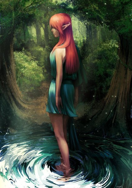 Anime picture 2480x3508 with original amsbt single long hair tall image highres standing red hair pointy ears realistic girl dress plant (plants) tree (trees) water forest fireflies
