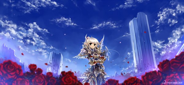 Anime picture 1280x593 with world of warcraft blizzard entertainment windforcelan single blush blonde hair wide image green eyes signed sky cloud (clouds) pointy ears girl flower (flowers) armor rose (roses) red rose