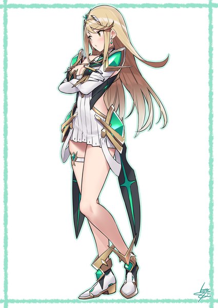 Anime picture 1880x2655 with xenoblade xenoblade 2 mythra (xenoblade) baffu single long hair tall image blush fringe highres breasts simple background blonde hair hair between eyes large breasts standing white background brown eyes signed payot