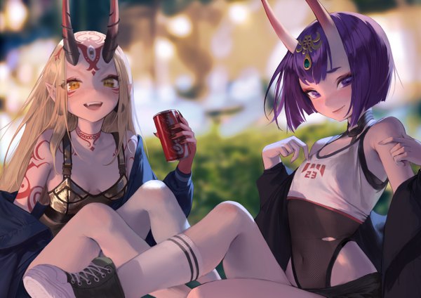 Anime picture 4960x3508 with fate (series) fate/grand order coca-cola shuten douji (fate) ibaraki douji (fate) charles (106858) long hair looking at viewer blush fringe highres short hair breasts open mouth light erotic blonde hair smile sitting purple eyes bare shoulders