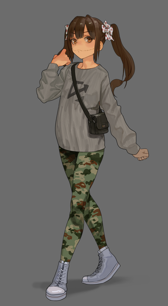 Anime picture 1618x2934 with original attall single long hair tall image fringe simple background brown hair twintails brown eyes looking away grey background adjusting hair scar walking camouflage girl bow hair bow shoes