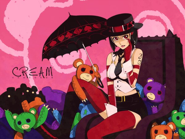 Anime picture 1500x1125 with tiger & bunny sunrise (studio) cream (tiger & bunny) mad bear (tiger & bunny) baiola (pixiv) single short hair black hair red eyes girl thighhighs gloves hat glasses necktie boots tongue umbrella toy wrist cuffs