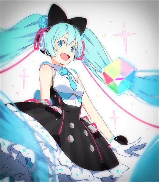 Anime-Bild 1000x1143 mit vocaloid magical mirai (vocaloid) hatsune miku magical mirai miku magical mirai miku (2016) hakusai (tiahszld) single tall image looking at viewer fringe open mouth simple background hair between eyes twintails bare shoulders very long hair aqua eyes aqua hair girl gloves