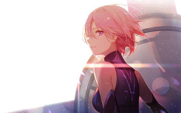 Anime picture 1200x750 with fate (series) fate/grand order mash kyrielight ask (askzy) single fringe short hair breasts simple background smile white background purple eyes bare shoulders looking away pink hair parted lips profile looking back wind from behind