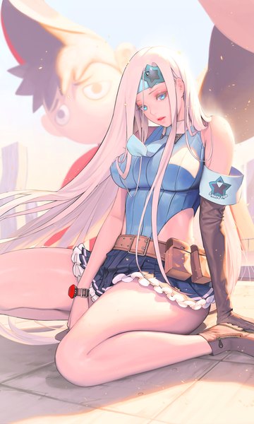 Anime picture 2456x4096 with destiny child lisa (destiny child) master (destiny child) nightmadness single tall image looking at viewer highres breasts blue eyes light erotic large breasts sitting bare shoulders payot bent knee (knees) outdoors white hair very long hair parted lips