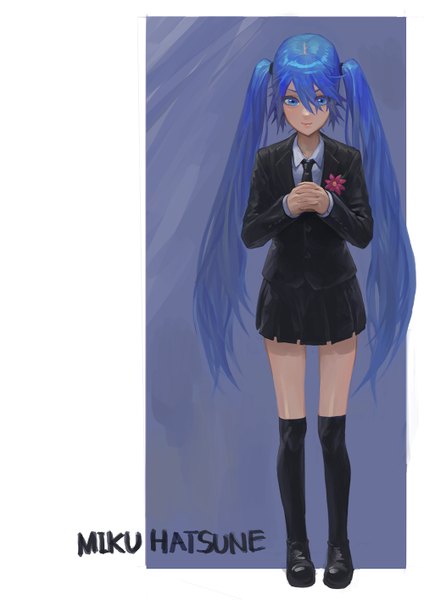Anime picture 1000x1415 with vocaloid hatsune miku modare single long hair tall image looking at viewer fringe blue eyes smile standing twintails blue hair pleated skirt girl skirt uniform flower (flowers) school uniform miniskirt