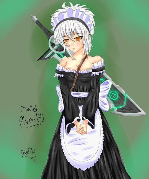 Anime picture 2500x3000 with league of legends riven (league of legends) jay87k single tall image blush highres short hair yellow eyes white hair maid girl weapon sword headdress maid headdress
