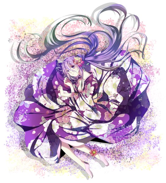 Anime picture 1800x1985 with vocaloid hatsune miku mariwai (marireroy) single long hair tall image highres breasts purple eyes purple hair japanese clothes multicolored hair hair flower girl hair ornament flower (flowers) kimono