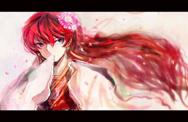 Anime picture 1324x858 with akatsuki no yona studio pierrot yona (akatsuki no yona) yui0a single long hair blue eyes simple background looking away red hair traditional clothes japanese clothes hair flower wavy hair princess girl hair ornament flower (flowers) earrings petals