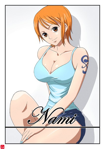 Anime picture 1448x2048 with one piece toei animation nami (one piece) chris re5 single tall image looking at viewer fringe short hair breasts light erotic simple background smile hair between eyes large breasts sitting bare shoulders brown eyes signed cleavage