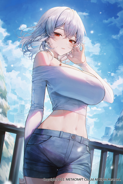 Anime picture 2000x3000 with original meoyo single tall image looking at viewer fringe highres short hair breasts light erotic hair between eyes red eyes large breasts bare shoulders sky silver hair cloud (clouds) outdoors long sleeves arm up