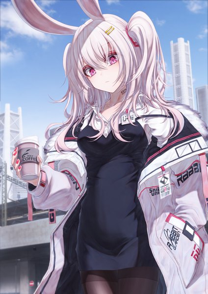 Anime picture 2894x4093 with tsumi no hahen (debris) line (bae.c) bae.c single long hair tall image looking at viewer blush fringe highres hair between eyes holding animal ears sky cloud (clouds) outdoors white hair nail polish pink eyes off shoulder
