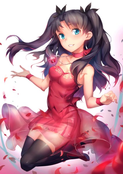 Anime picture 2480x3508 with fate (series) fate/stay night toosaka rin pg (pgouwoderen) single long hair tall image looking at viewer blush fringe highres breasts blue eyes black hair twintails cleavage full body parted lips light smile high heels