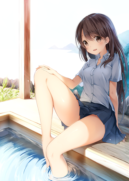 Anime picture 2976x4175 with original nyum single long hair tall image looking at viewer blush fringe highres open mouth hair between eyes brown hair sitting brown eyes bent knee (knees) :d sunlight bare legs shadow short sleeves