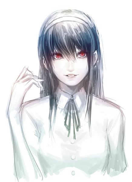 Anime picture 728x1000 with original luen kulo single long hair tall image looking at viewer fringe open mouth black hair simple background smile red eyes white background girl hair ornament ribbon (ribbons) shirt