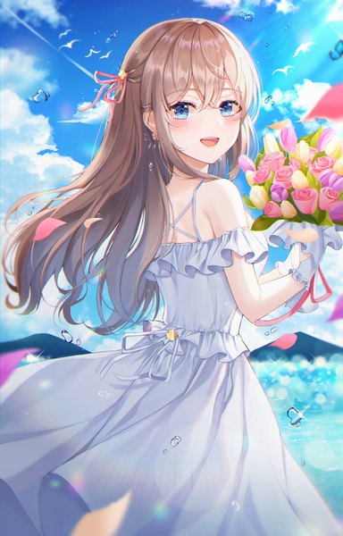 Anime picture 3796x5925 with original yulha 06 single long hair tall image looking at viewer blush fringe highres open mouth blue eyes smile brown hair standing absurdres sky cloud (clouds) outdoors :d sunlight