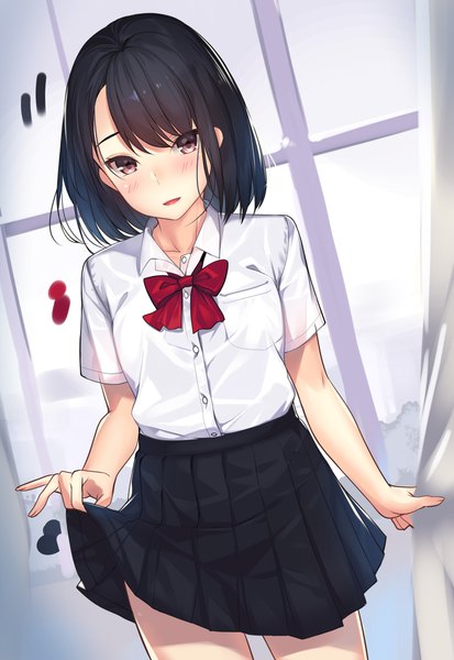 Anime picture 1243x1805 with original kagematsuri single tall image looking at viewer blush fringe short hair black hair brown eyes parted lips girl skirt uniform school uniform miniskirt shirt white shirt bowtie