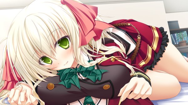 Anime picture 1280x720 with otome wa karen ni koi ni mai! kujou naori suien long hair looking at viewer blush breasts wide image large breasts green eyes game cg white hair holding hands breast press interlocked fingers girl on top girl uniform ribbon (ribbons) hair ribbon