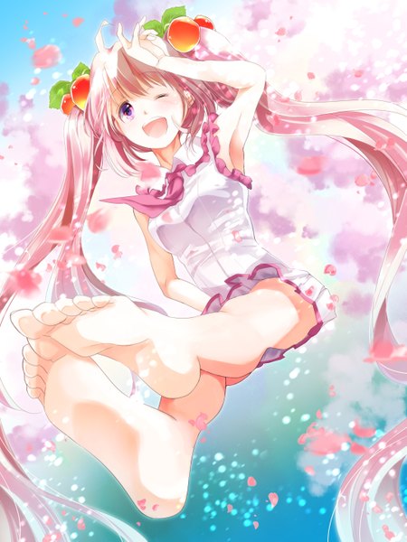 Anime picture 1075x1435 with vocaloid hatsune miku sakura miku izumil single tall image looking at viewer blush open mouth pink hair ahoge very long hair one eye closed pink eyes barefoot wink bare legs girl skirt miniskirt