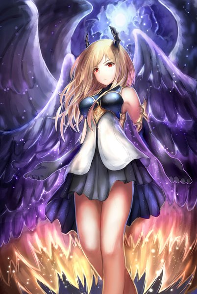 Anime picture 2352x3508 with shingeki no bahamut dark angel olivia zxcould23 single long hair tall image looking at viewer fringe highres breasts blonde hair hair between eyes red eyes large breasts standing bare shoulders payot cloud (clouds) outdoors horn (horns)