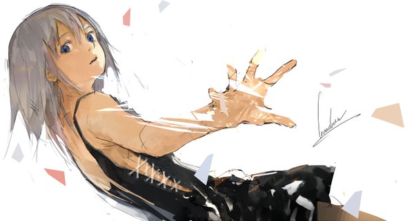 Anime picture 3000x1600 with original loundraw single long hair highres open mouth blue eyes wide image white background signed grey hair outstretched arm lacing surprised girl dress black dress