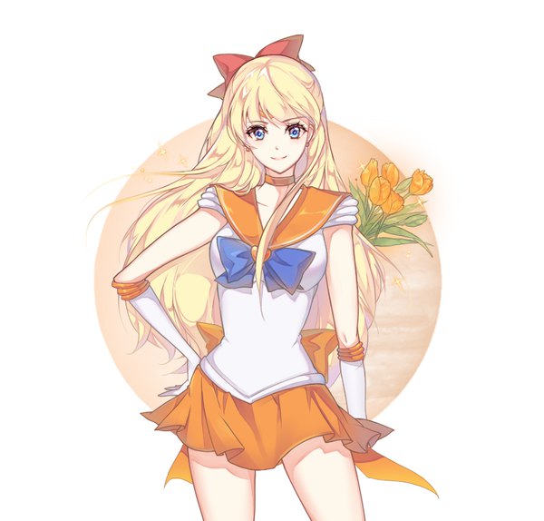 Anime picture 835x800 with bishoujo senshi sailor moon toei animation aino minako sailor venus super sailor venus brunette (realsyaoran) single long hair looking at viewer blue eyes blonde hair smile standing white background hand on hip sailor collar magical girl girl gloves flower (flowers)