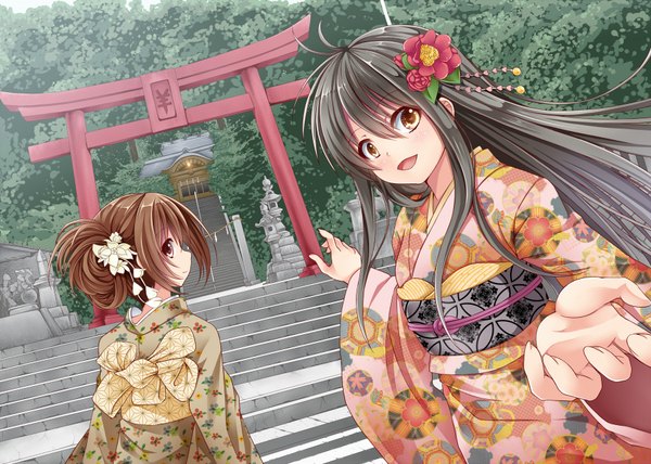 Anime picture 1800x1286 with original creek (moon-sky) long hair highres open mouth black hair smile brown hair multiple girls brown eyes traditional clothes japanese clothes hair flower girl hair ornament flower (flowers) 2 girls kimono obi kanzashi
