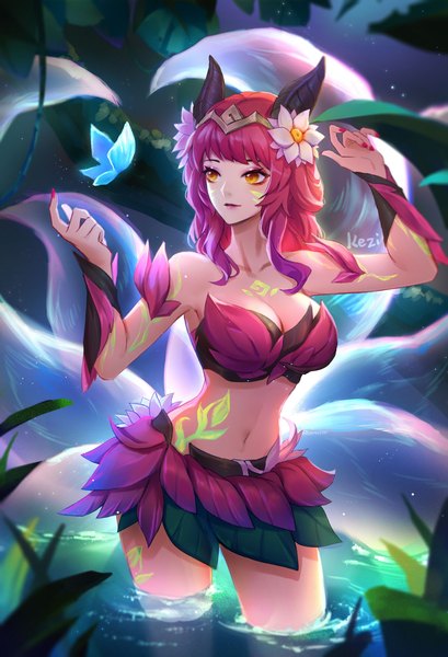 Anime picture 1620x2376 with league of legends ahri (league of legends) elderwood ahri kezi single long hair tall image breasts light erotic large breasts signed yellow eyes looking away pink hair cleavage outdoors tail nail polish animal tail horn (horns)