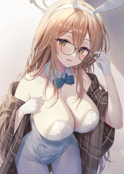 Anime picture 1425x2000 with blue archive akane (blue archive) akane (bunny girl) (blue archive) kuro futoshi single long hair tall image looking at viewer blush fringe breasts open mouth light erotic blonde hair hair between eyes large breasts animal ears yellow eyes cleavage :d