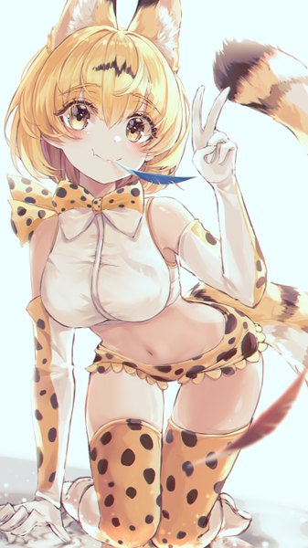 Anime picture 3240x5760 with kemono friends serval (kemono friends) bbeedol single tall image looking at viewer blush fringe highres short hair breasts light erotic simple background blonde hair hair between eyes large breasts bare shoulders holding animal ears yellow eyes