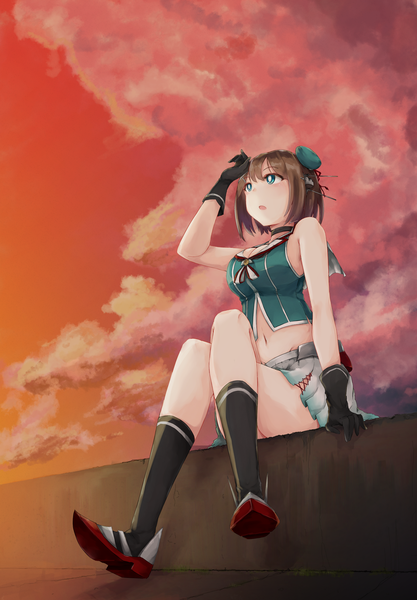 Anime picture 1700x2446 with kantai collection maya heavy cruiser monobe tsukuri single tall image blush short hair breasts blue eyes brown hair large breasts sitting bare shoulders sky cleavage cloud (clouds) pleated skirt arm support crossed legs sailor collar