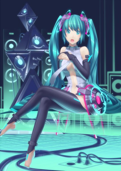 Anime picture 1000x1414 with vocaloid vocaloid append hatsune miku hatsune miku (append) ac (eshi) single tall image open mouth twintails very long hair aqua eyes aqua hair girl thighhighs necktie