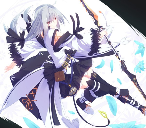 Anime picture 1094x958 with original nagishiro mito single long hair looking at viewer red eyes white hair girl thighhighs bow weapon hair bow belt leaf (leaves)