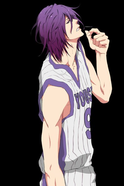 Anime picture 1065x1600 with kuroko no basket production i.g murasakibara atsushi tagme (artist) single tall image looking at viewer open mouth standing purple eyes purple hair inscription dark background clothes writing boy uniform gym uniform basketball uniform