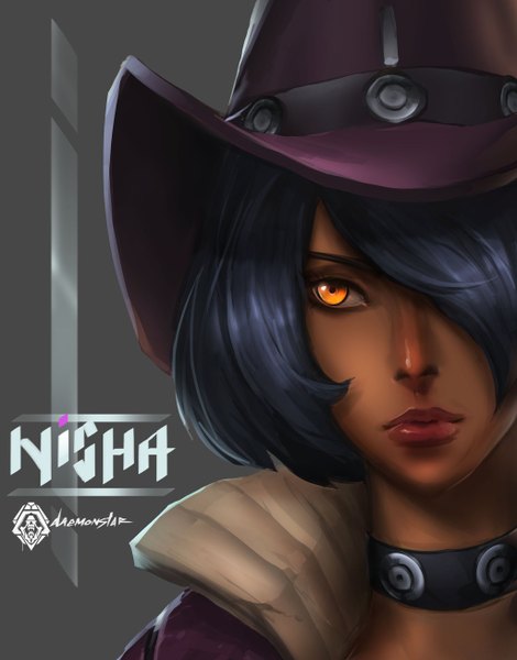 Anime picture 1024x1306 with borderlands nisha daemonstar (artist) single tall image fringe short hair black hair looking away lips hair over one eye inscription orange eyes dark skin girl hat