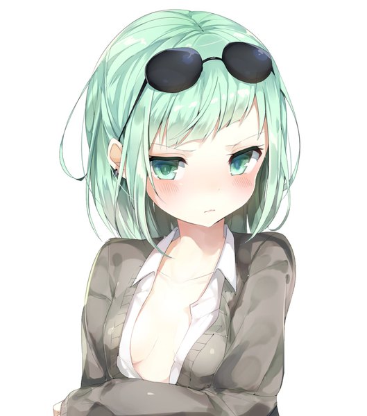 Anime picture 1350x1530 with original umibouzu (niito) single tall image looking at viewer blush fringe highres short hair breasts light erotic simple background white background green eyes upper body green hair open shirt crossed arms sunglasses on head partially open clothes