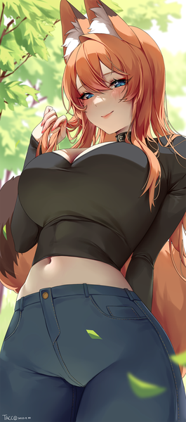 Anime picture 1104x2500 with original tacco (tikeworld) single long hair tall image fringe breasts blue eyes light erotic smile hair between eyes large breasts standing signed animal ears outdoors tail animal tail orange hair from below