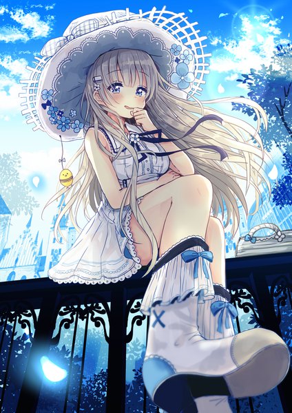 Anime picture 2894x4093 with original sakura oriko single long hair tall image looking at viewer blush fringe highres breasts blue eyes hair between eyes sitting sky silver hair cloud (clouds) outdoors very long hair parted lips hair flower