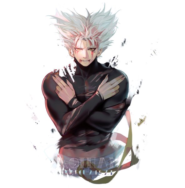 Anime picture 2915x2958 with one-punch man madhouse garou (one-punch man) koi han single tall image looking at viewer fringe highres short hair simple background smile standing white background signed yellow eyes white hair fingernails midriff character names