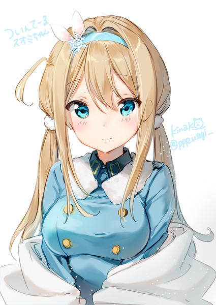 Anime picture 1379x1948 with girls frontline suomi kp31 (girls frontline) kinako (shiratama mochi) single long hair tall image looking at viewer blush fringe breasts blue eyes simple background blonde hair hair between eyes white background twintails signed payot upper body light smile