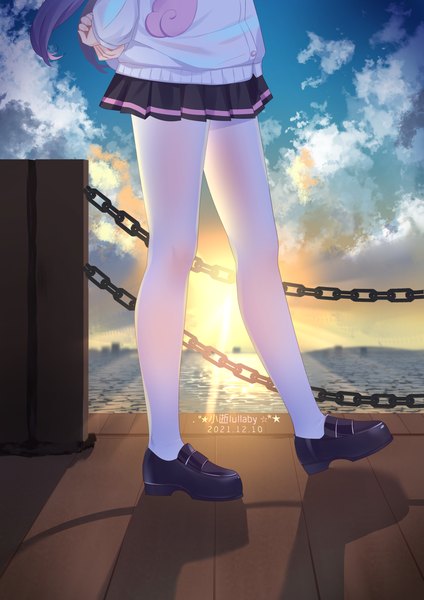 Anime picture 1500x2121 with azur lane unicorn (azur lane) xiao shi lullaby single long hair tall image standing signed sky purple hair cloud (clouds) outdoors pleated skirt shadow dated evening sunset hands behind back head out of frame girl