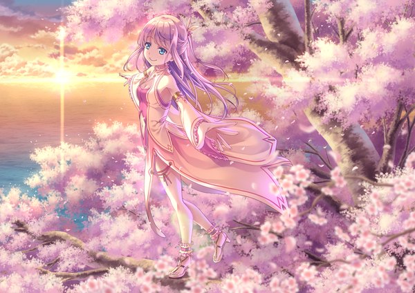 Anime picture 1000x708 with original uehara yukihiko single long hair blush blue eyes smile pink hair sky cloud (clouds) cherry blossoms evening sunset girl dress bow plant (plants) hair bow detached sleeves tree (trees)