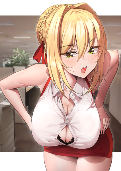 Anime picture 1300x1835 with fate (series) fate/extra nero claudius (fate) nero claudius (fate/extra) k pring single tall image looking at viewer blush fringe short hair breasts open mouth light erotic blonde hair hair between eyes large breasts yellow eyes payot indoors
