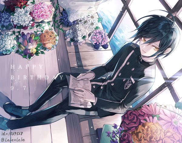 Anime picture 1018x801 with dangan ronpa new danganronpa v3 saihara shuuichi z-epto (chat-noir86) single fringe short hair black hair hair between eyes sitting holding signed yellow eyes looking away full body ahoge bent knee (knees) from above dated happy birthday