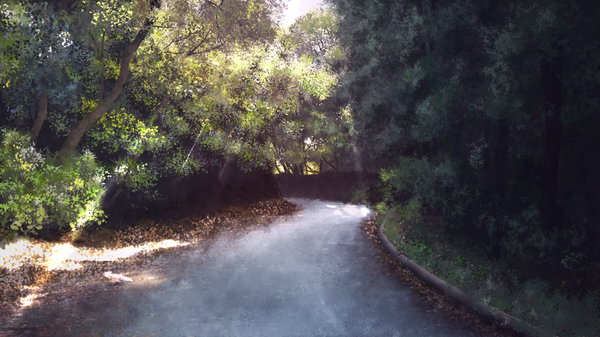 Anime picture 1920x1080 with original tsuruzen highres wide image sunlight no people landscape sunbeam nature plant (plants) tree (trees) forest road
