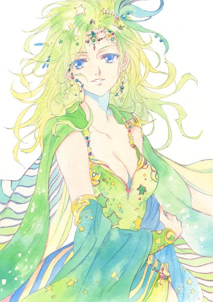 Anime picture 848x1200 with final fantasy final fantasy iv square enix rydia agahari single long hair tall image blue eyes simple background smile white background looking away cleavage green hair traditional media watercolor (medium) girl dress hair ornament