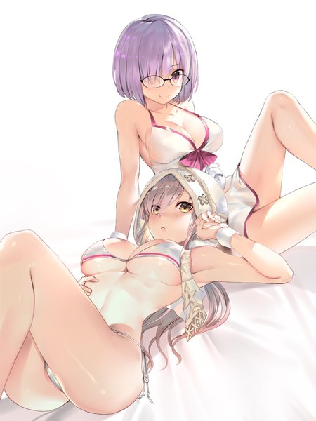 Anime picture 750x1000 with fate (series) fate/grand order mash kyrielight medb (fate) mash kyrielight (swimsuit of perpetual summer) medb (swimsuit saber) (fate) teddy (khanshin) tall image looking at viewer blush fringe short hair breasts light erotic simple background large breasts white background sitting purple eyes bare shoulders