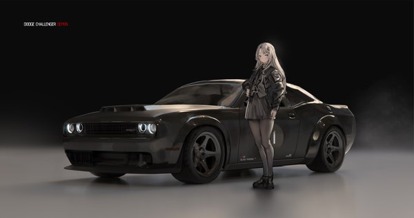 Anime picture 2929x1552 with original dodge renatus z single long hair looking at viewer blush fringe highres simple background wide image standing payot full body grey hair mole open jacket grey eyes copyright name hand on hip